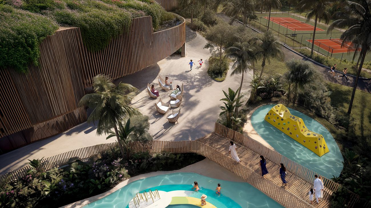 Aerial view of Lunaya's landscaped community lagoons, pools and tennis courts in Jebel Ali