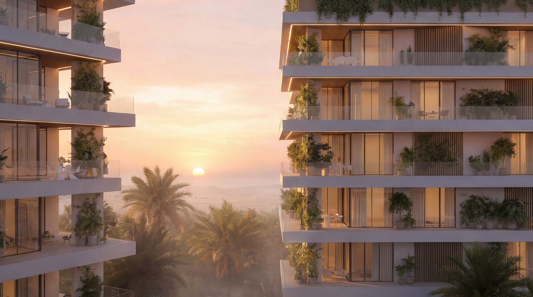 Lunaya Terraces apartment towers at sunset, Jebel Ali, Dubai