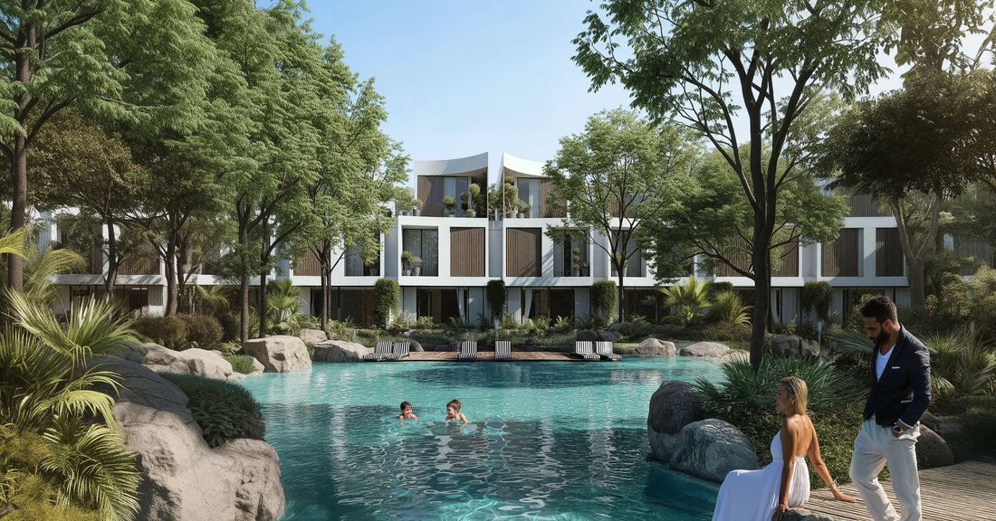 Lunaya villas overlooking a natural lagoon with lush landscaping in Jebel Ali, Dubai